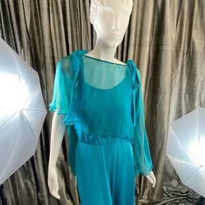 Turquoise jumpsuit and silk shawl